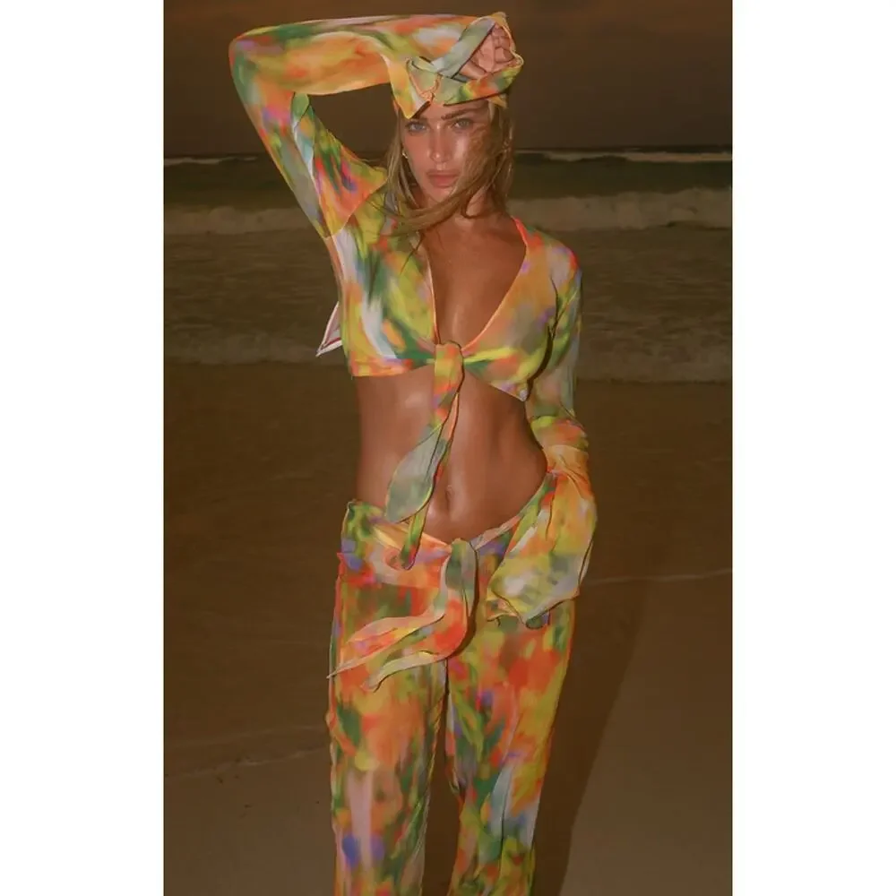 Bananhot Pants XS Lily Sunrise Chiffon Tie Waist Flare Multi Beach Resort Pool - Picture 3 of 14